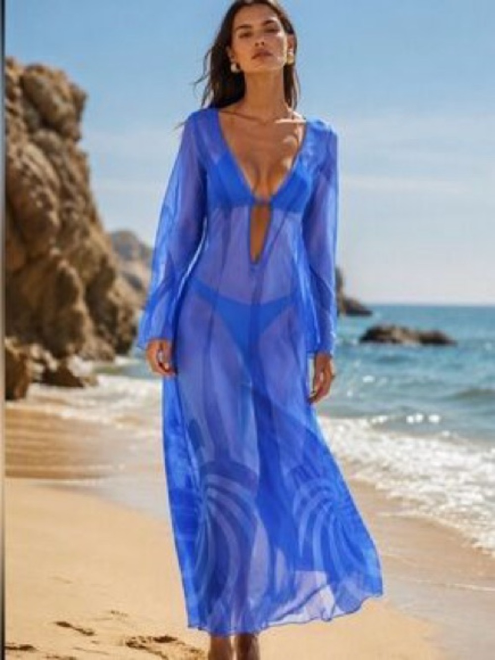 CAROLINE CONSTAS Blue Long Sleeve Sheer Swim Cover Up Maxi Dress Small S NEW NWT